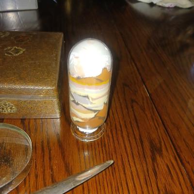 MARBLE HANDLED MAGNIFYING GLASS AND LETTER OPENER, METAL BOX AND MORE