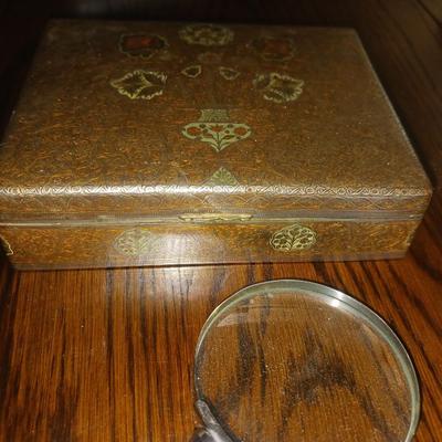 MARBLE HANDLED MAGNIFYING GLASS AND LETTER OPENER, METAL BOX AND MORE