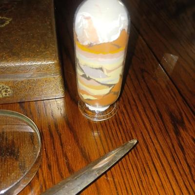 MARBLE HANDLED MAGNIFYING GLASS AND LETTER OPENER, METAL BOX AND MORE