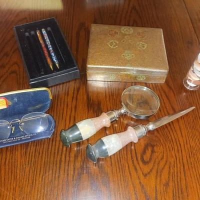 MARBLE HANDLED MAGNIFYING GLASS AND LETTER OPENER, METAL BOX AND MORE