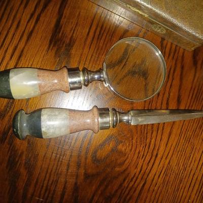 MARBLE HANDLED MAGNIFYING GLASS AND LETTER OPENER, METAL BOX AND MORE