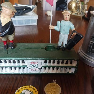 REPRODUCTION CAST IRON GOLFERS COIN BANK, PEWTER MUG AND MORE