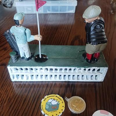 REPRODUCTION CAST IRON GOLFERS COIN BANK, PEWTER MUG AND MORE