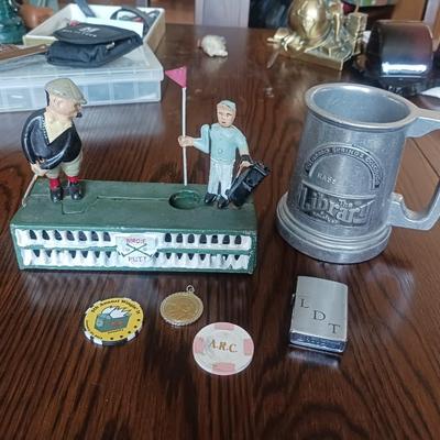 REPRODUCTION CAST IRON GOLFERS COIN BANK, PEWTER MUG AND MORE