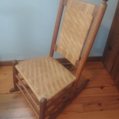Vintage Rush Seat and Back Wood Framed Shaker Style Rocking Chair