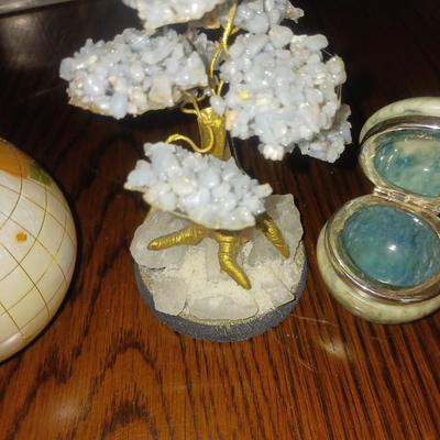 GEMSTONE BONSAI TREE, TRINKET BOXES AND A SMALL GLOBE