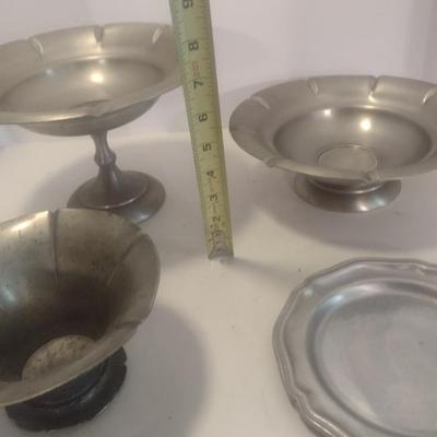 Assortment of Pewter Pedestal Footed Serving Bowls and Other
