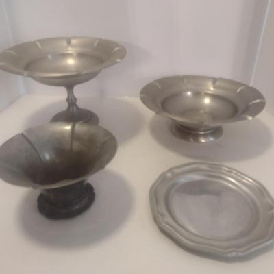 Assortment of Pewter Pedestal Footed Serving Bowls and Other