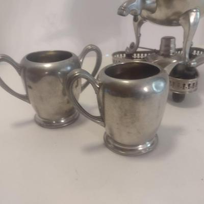Vintage Pewter Coffee Urn with Sterno Stand Includes Creamer and Suger Cups