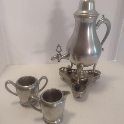 Vintage Pewter Coffee Urn with Sterno Stand Includes Creamer and Suger Cups