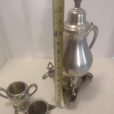 Vintage Pewter Coffee Urn with Sterno Stand Includes Creamer and Suger Cups