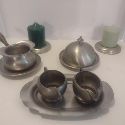 Collection of Pewter Table Ware Includes Creamer and Sugar Cups, Butter Dome and Other