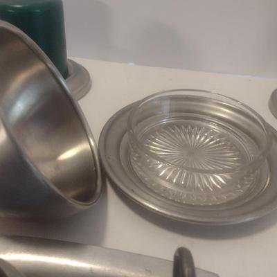 Collection of Pewter Table Ware Includes Creamer and Sugar Cups, Butter Dome and Other