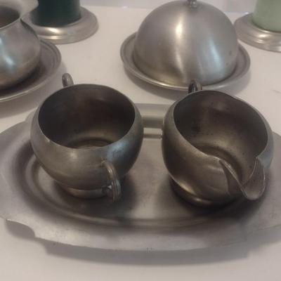 Collection of Pewter Table Ware Includes Creamer and Sugar Cups, Butter Dome and Other