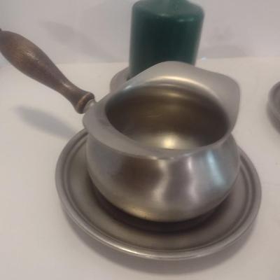 Collection of Pewter Table Ware Includes Creamer and Sugar Cups, Butter Dome and Other