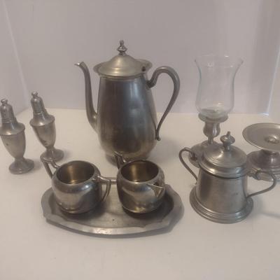 Assortment of Vintage Pewter Serve Ware Includes Tea Urn, Salt and Pepper Shaker, Creamer and Sugar Cups and Other