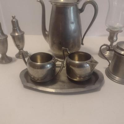 Assortment of Vintage Pewter Serve Ware Includes Tea Urn, Salt and Pepper Shaker, Creamer and Sugar Cups and Other