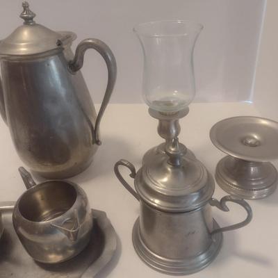 Assortment of Vintage Pewter Serve Ware Includes Tea Urn, Salt and Pepper Shaker, Creamer and Sugar Cups and Other