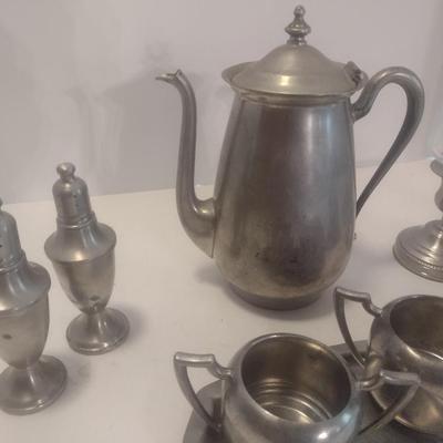 Assortment of Vintage Pewter Serve Ware Includes Tea Urn, Salt and Pepper Shaker, Creamer and Sugar Cups and Other