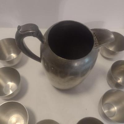 Vintage Pewter Water Pitcher with Eight Cups
