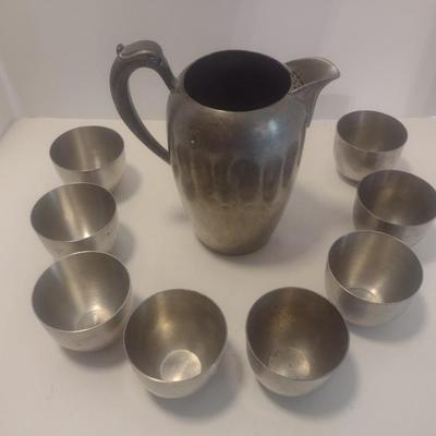 Vintage Pewter Water Pitcher with Eight Cups