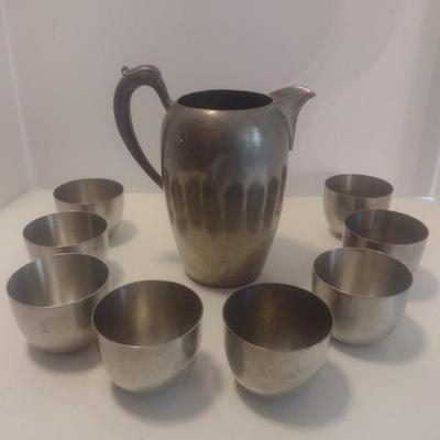 Vintage Pewter Water Pitcher with Eight Cups