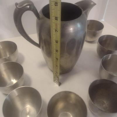 Vintage Pewter Water Pitcher with Eight Cups