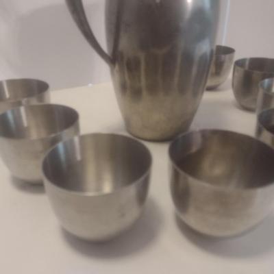 Vintage Pewter Water Pitcher with Eight Cups