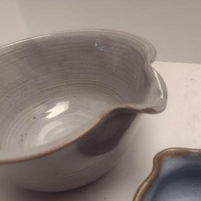 Pair of Art Studio Pottery Kitchen Items Includes a Batter Bowl and Wooden Handled Ladle Each Signed by Artist