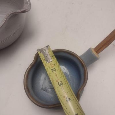 Pair of Art Studio Pottery Kitchen Items Includes a Batter Bowl and Wooden Handled Ladle Each Signed by Artist