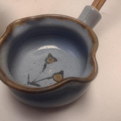 Pair of Art Studio Pottery Kitchen Items Includes a Batter Bowl and Wooden Handled Ladle Each Signed by Artist