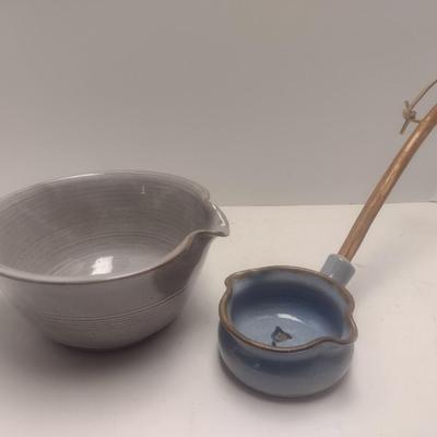 Pair of Art Studio Pottery Kitchen Items Includes a Batter Bowl and Wooden Handled Ladle Each Signed by Artist