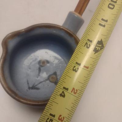 Pair of Art Studio Pottery Kitchen Items Includes a Batter Bowl and Wooden Handled Ladle Each Signed by Artist