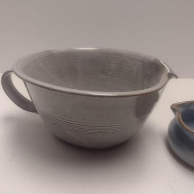 Pair of Art Studio Pottery Kitchen Items Includes a Batter Bowl and Wooden Handled Ladle Each Signed by Artist