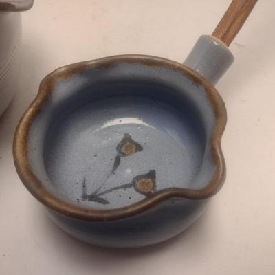 Pair of Art Studio Pottery Kitchen Items Includes a Batter Bowl and Wooden Handled Ladle Each Signed by Artist