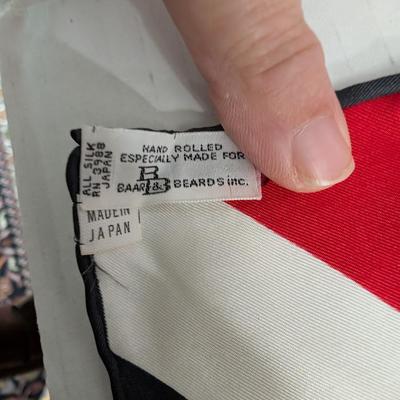 Vintage Baart & Beards Silk Scarf Made in Japan Red Black White Geometric Hand Rolled