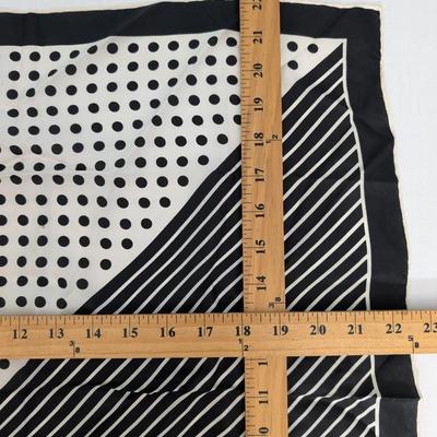 Vintage Burmel Silk Scarf Black White Polka Dot and Stripe Geometric Hand Rolled Hem