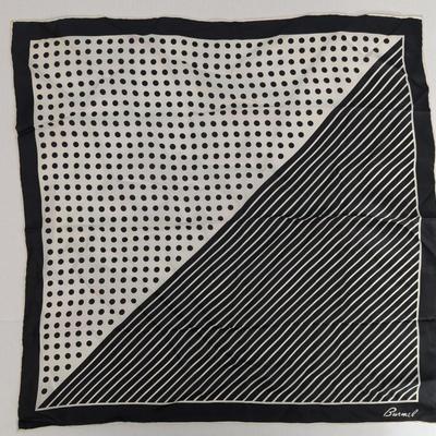 Vintage Burmel Silk Scarf Black White Polka Dot and Stripe Geometric Hand Rolled Hem