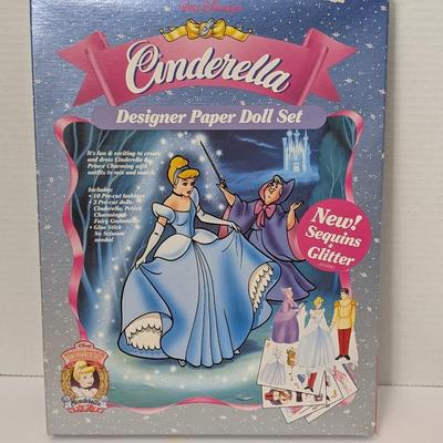 Vintage Disney Cinderella Designer Paper Doll Set RoseArt 1990s with Sequins & Glitter