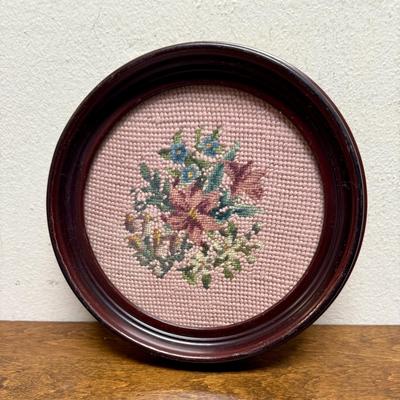 Sale Photo Thumbnail #273: Small Round needlework in Mahogany frame is in good vintage condition..