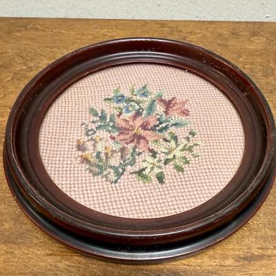 Sale Photo Thumbnail #270: Small Round needlework in Mahogany frame is in good vintage condition..