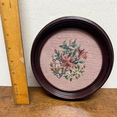 Sale Photo Thumbnail #272: Small Round needlework in Mahogany frame is in good vintage condition..