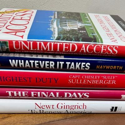 Sale Photo Thumbnail #187: In good used condition. Authors include Gary Aldrich, Newt Gingrich, J.D. Hatworth, Barbara Olson, and Sully Sullenberger.