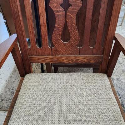 Sale Photo Thumbnail #342: Awesome backed antique oak chair....recovered in tweed.
