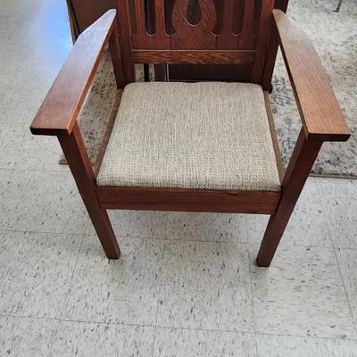 Sale Photo Thumbnail #341: Awesome backed antique oak chair....recovered in tweed.