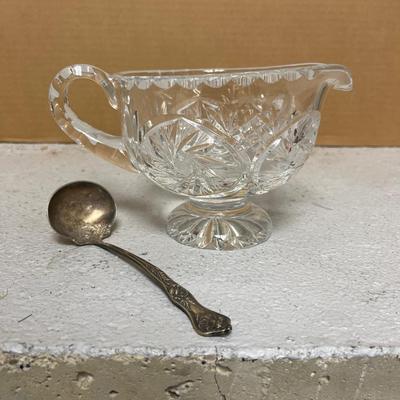 Sale Photo Thumbnail #282: Better Homes and Prairie Kitchen Sampler cookbooks, modern pyrex fridge set, vintage clear crystal cut gravy boat & sterling? gravy ladle, and five vintage Indiana green glass sherbets in the King’s Crown pattern