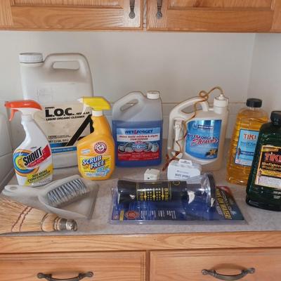 CLEANING SUPPLIES, FLASHLIGHT THAT RUNS ON WATER AND TIKI TORCH FUEL