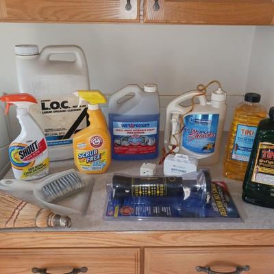 CLEANING SUPPLIES, FLASHLIGHT THAT RUNS ON WATER AND TIKI TORCH FUEL