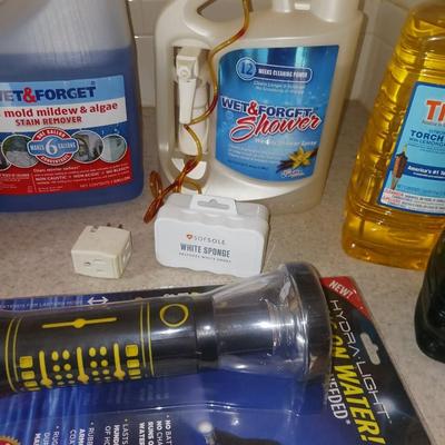 CLEANING SUPPLIES, FLASHLIGHT THAT RUNS ON WATER AND TIKI TORCH FUEL