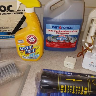CLEANING SUPPLIES, FLASHLIGHT THAT RUNS ON WATER AND TIKI TORCH FUEL